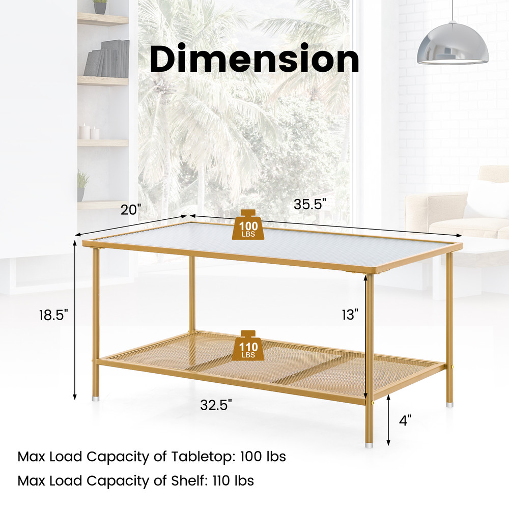 2Tier Coffee Table With Shelf Center Tempered Glass Top Stylish Tea Table 6