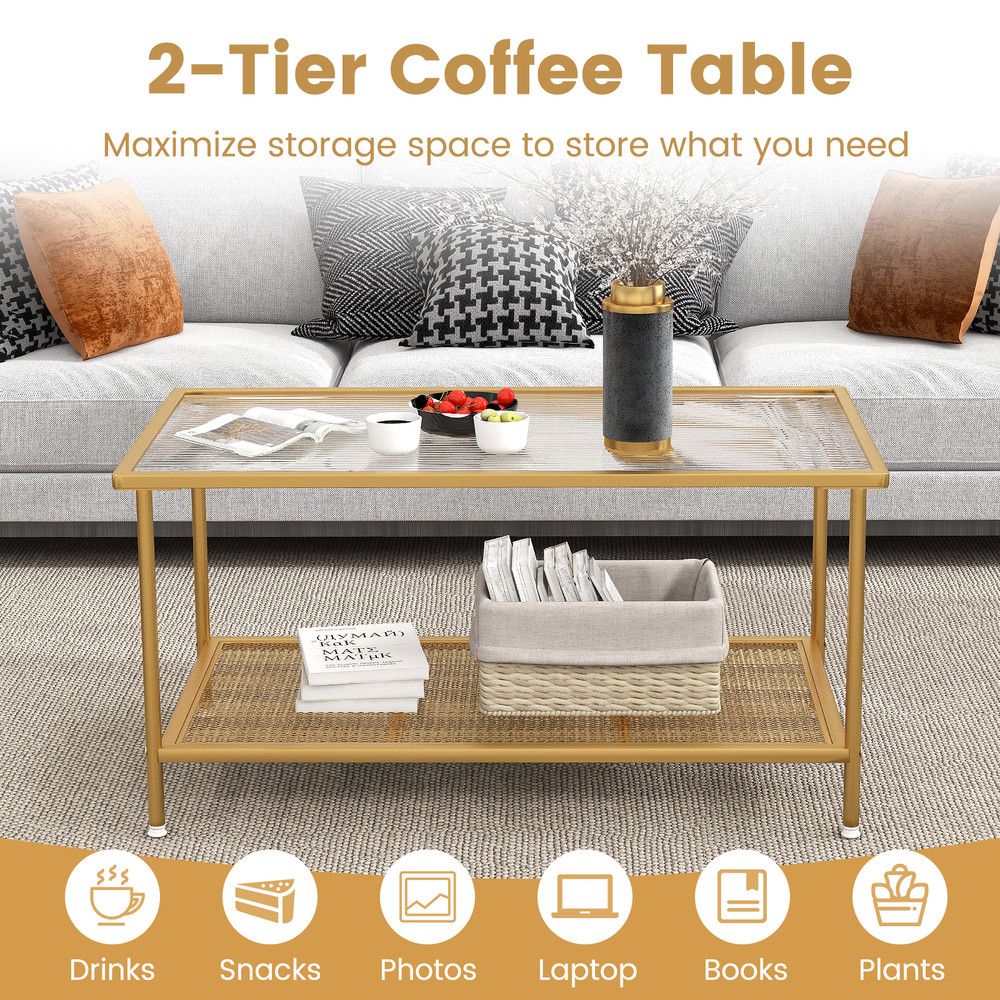 2Tier Coffee Table With Shelf Center Tempered Glass Top Stylish Tea Table 2