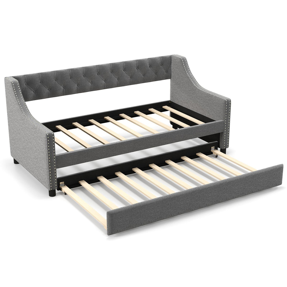 Twin Size Daybed With Trundle Convertible Sofa Bed With Curved Armrests Backrest 4