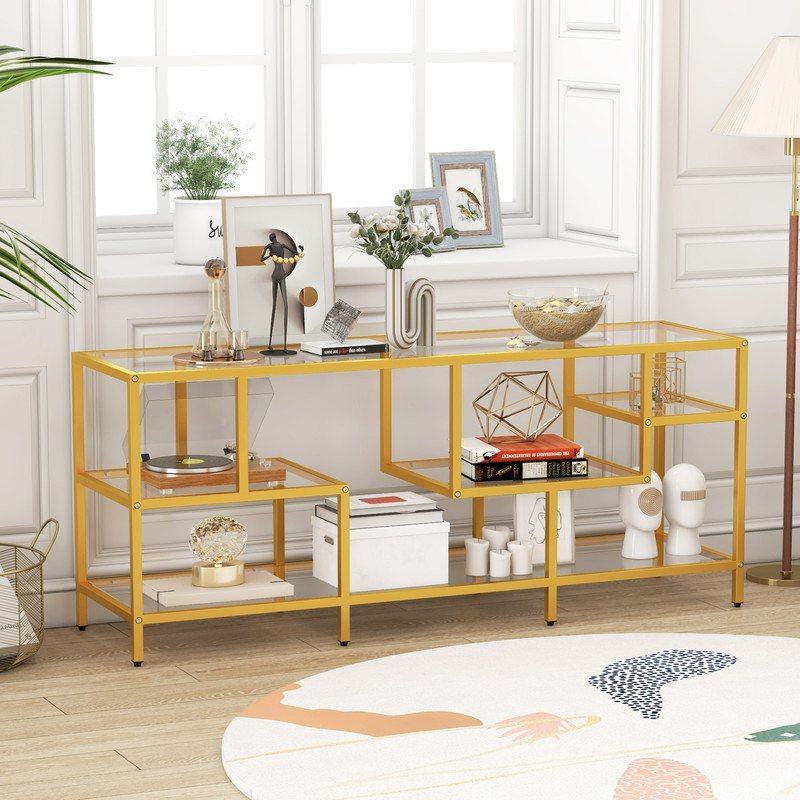 58Inch TV Console Table With Tempered Glass Shelves For Living Room 0