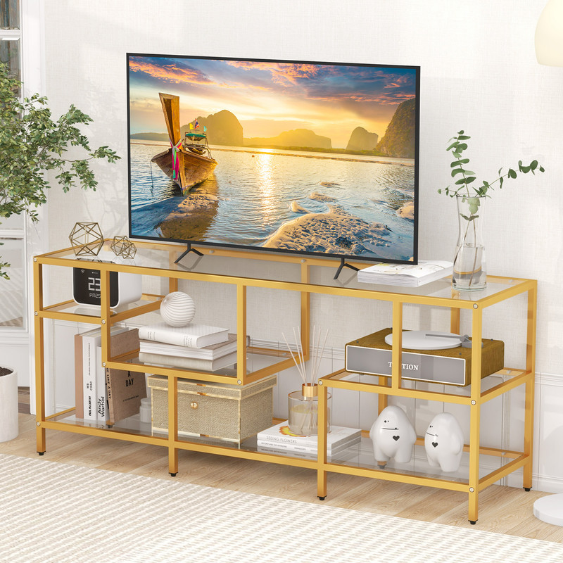 58Inch TV Console Table With Tempered Glass Shelves For Living Room 1
