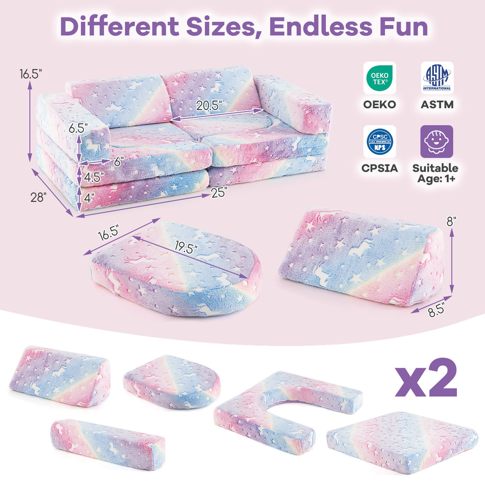 Glow-in-the-Dark Modular Kids Play Couch, 10-Piece Sectional Sofa Set