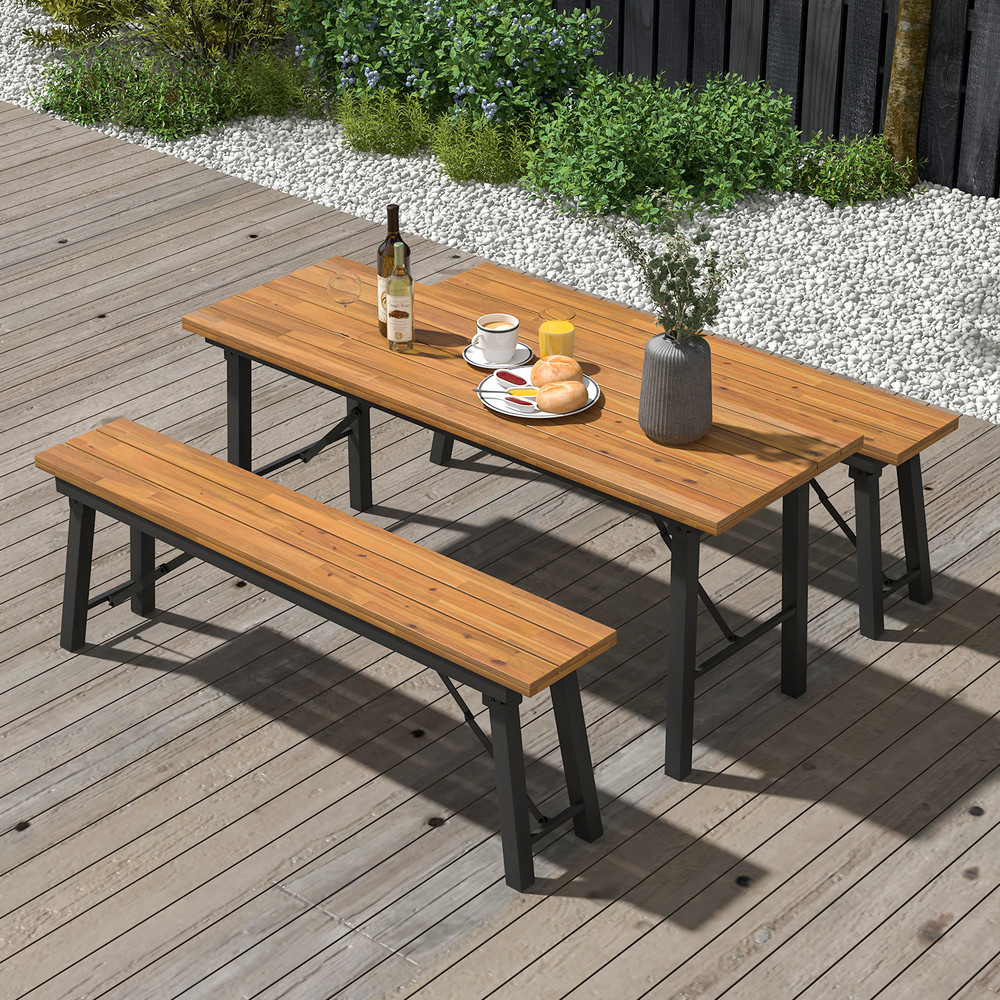 Acacia Wood Folding Table Sturdy Metal Frame Picnic Dining Table For IndoorOutdoor Use 0