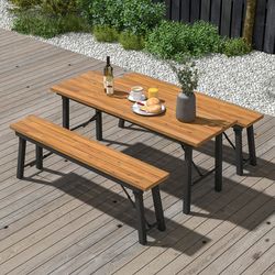 acacia wood folding table, sturdy metal frame picnic & dining table for indoor/outdoor use
