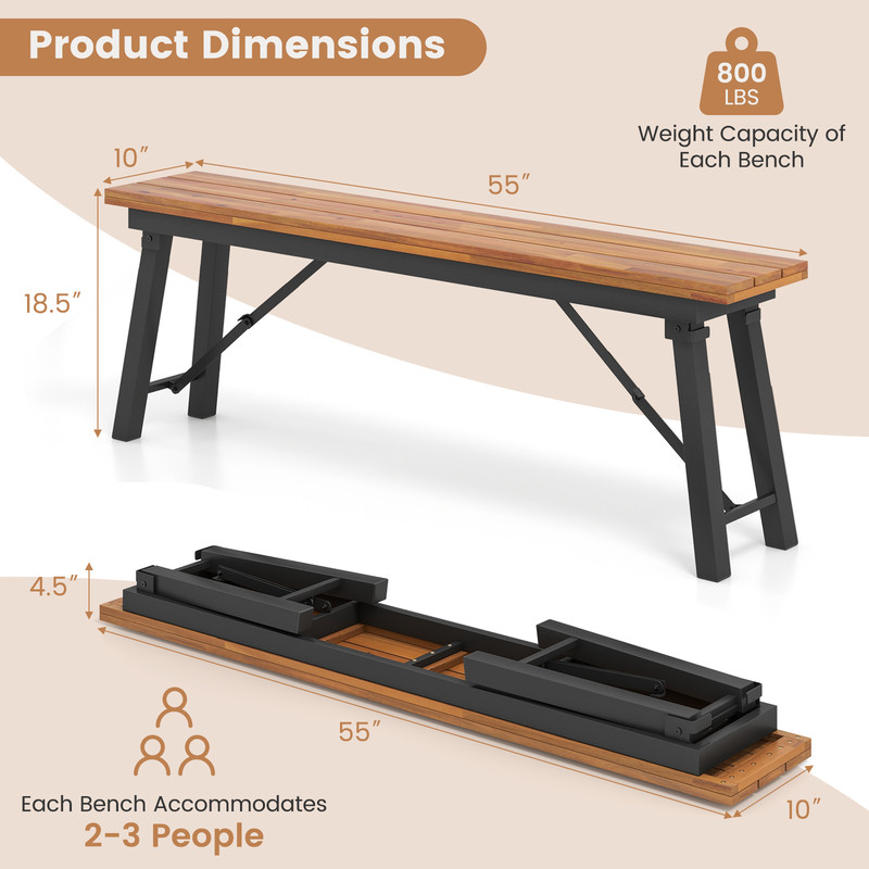 Folding Picnic Bench Set, Rectangular Acacia Wood Dining & Camping BBQ Benches