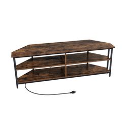 rustic brown corner tv stand, entertainment center with charging station, shelves & cord management