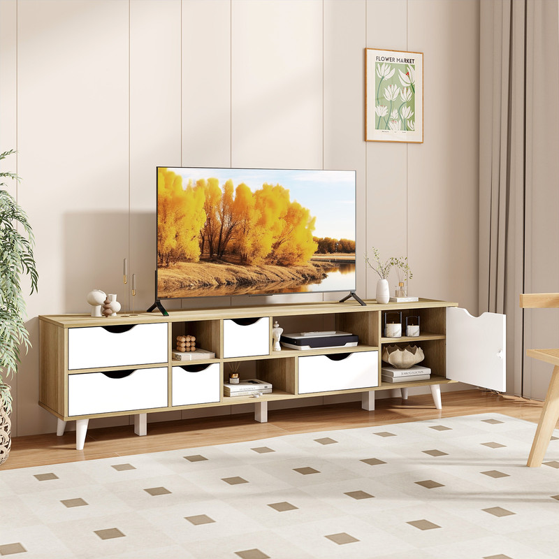 Modern TV Stand Oak Wood Television Cabinet With Drawers Open Shelves For Living Room Storage 1