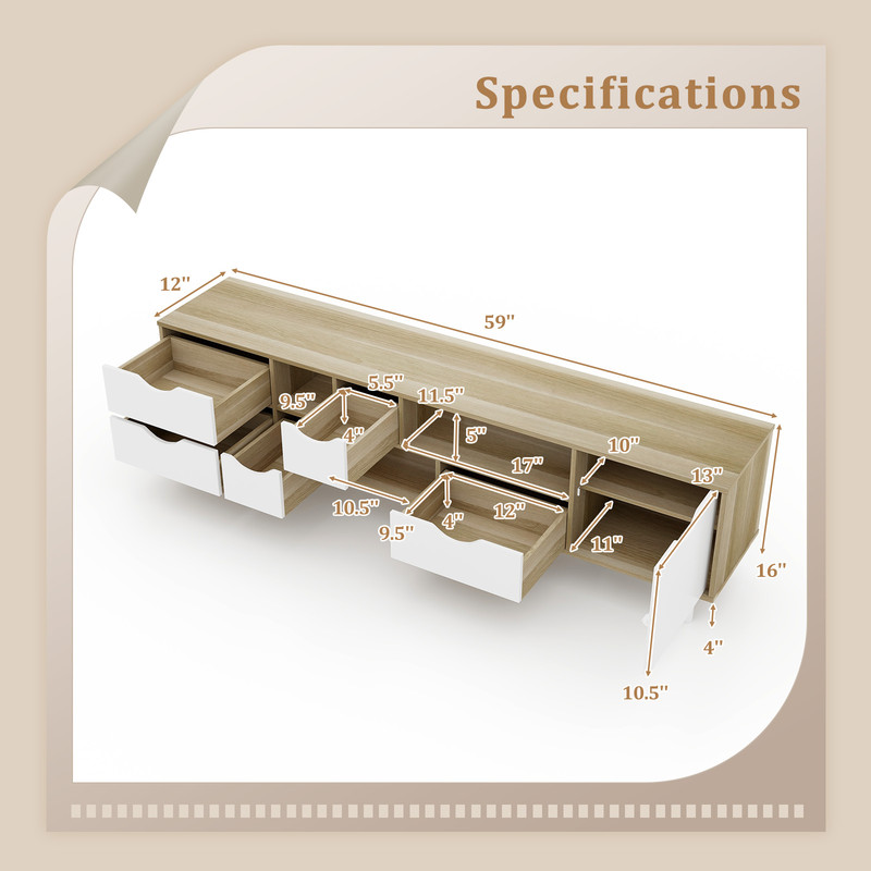 Modern TV Stand Oak Wood Television Cabinet With Drawers Open Shelves For Living Room Storage 6