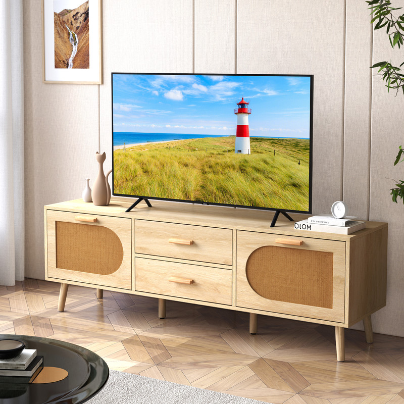 Natural Rattan TV Stand With Solid Wood Legs And Storage Drawers MidCentury Modern Boho Media Conso 4