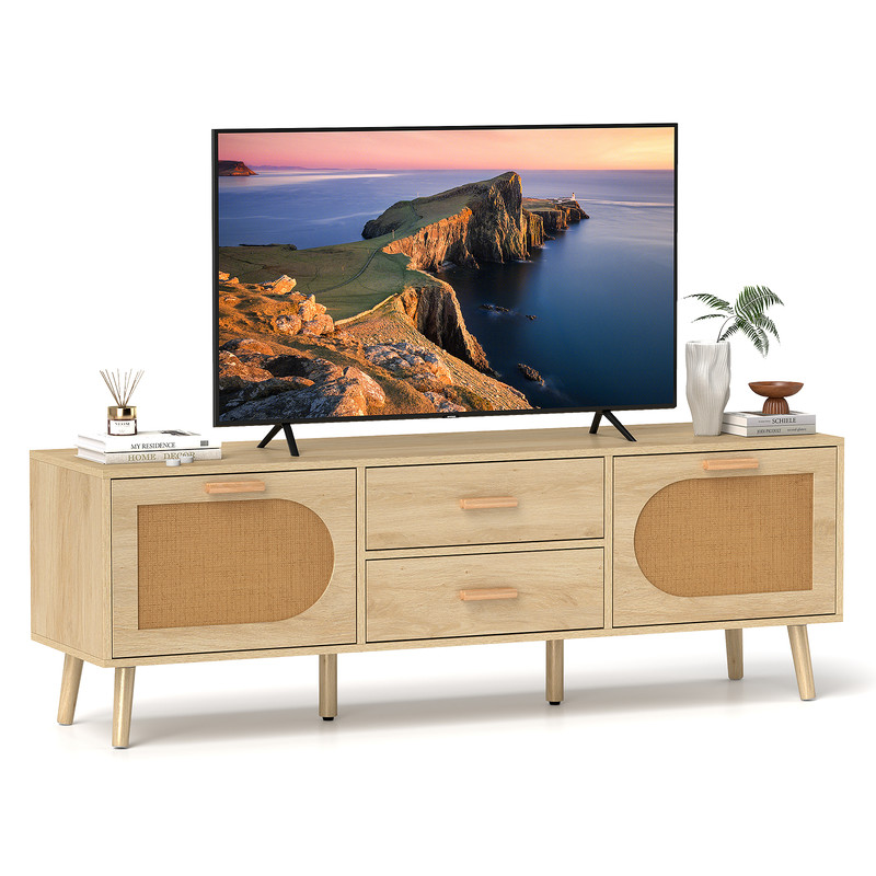 Natural Rattan TV Stand With Solid Wood Legs And Storage Drawers MidCentury Modern Boho Media Conso 7