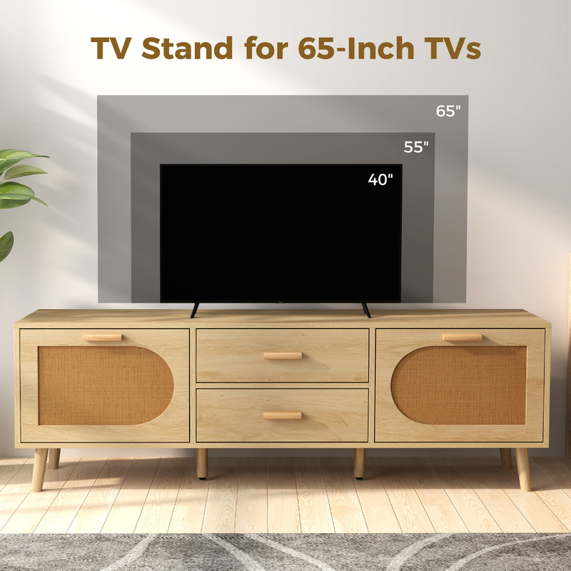 Natural Rattan TV Stand With Solid Wood Legs And Storage Drawers MidCentury Modern Boho Media Conso 3