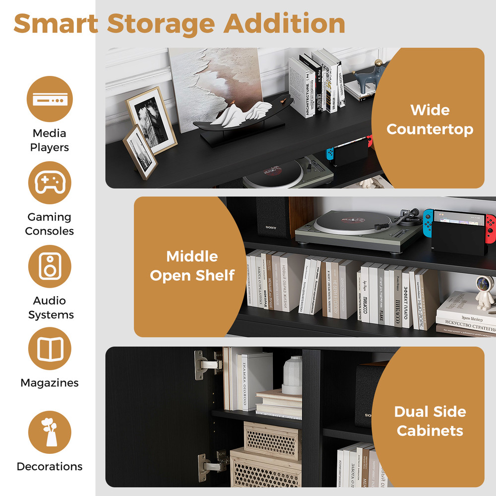 Modern TV Cabinet With Adjustable Shelves And AntiTipping Kits Media Console Stand Black Wood Enter 2