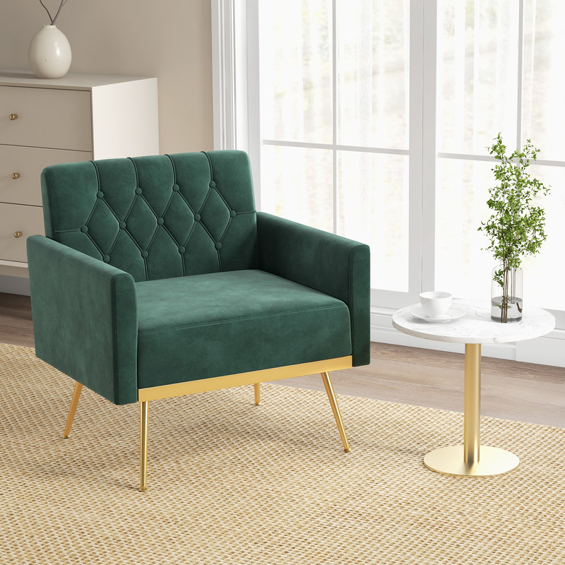 Luxury Modern Velvet Accent Chair Button Tufted Back Gold Legs And Adjustable Feet Upholstered Armc 1