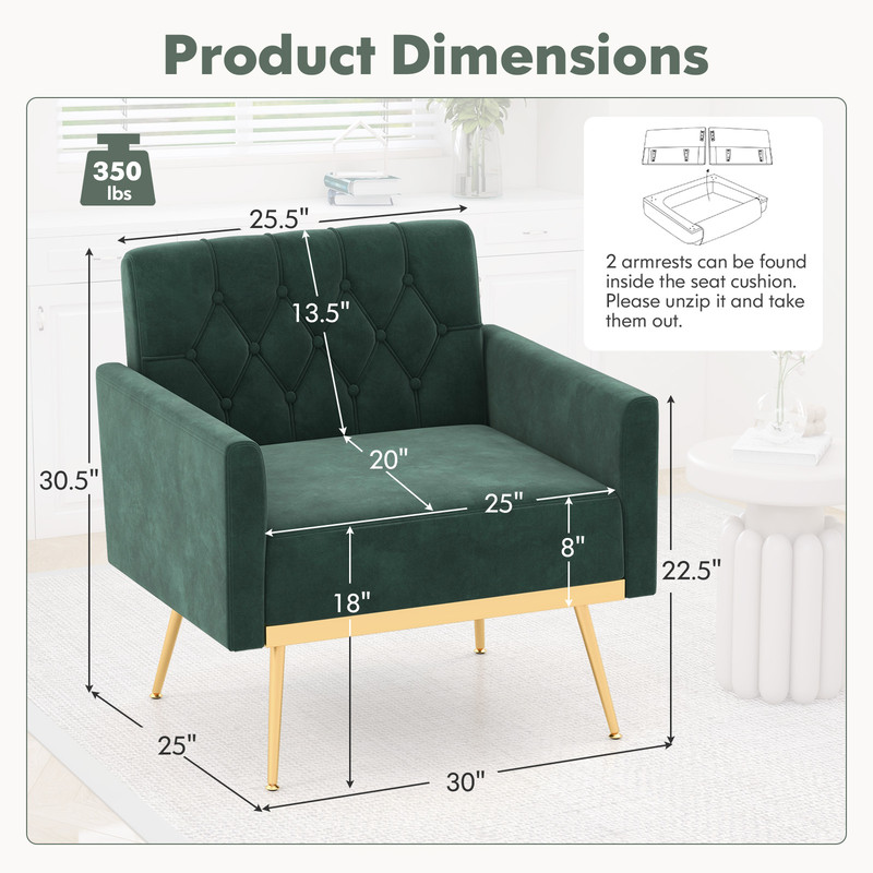 Luxury Modern Velvet Accent Chair Button Tufted Back Gold Legs And Adjustable Feet Upholstered Armc 7