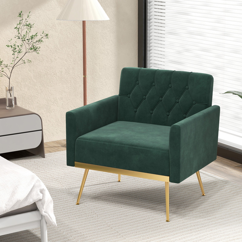 Luxury Modern Velvet Accent Chair Button Tufted Back Gold Legs And Adjustable Feet Upholstered Armc 6