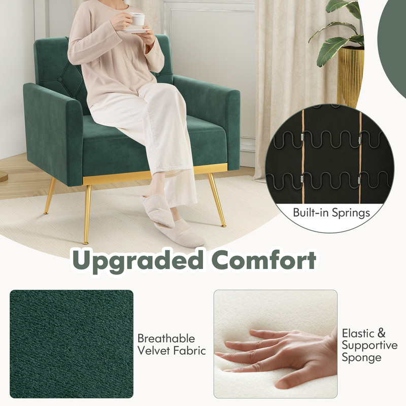 Luxury Modern Velvet Accent Chair Button Tufted Back Gold Legs And Adjustable Feet Upholstered Armc 4