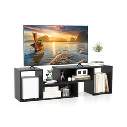 modern adjustable tv stand, expandable entertainment center with storage cubes, rotatable l-shaped shelves