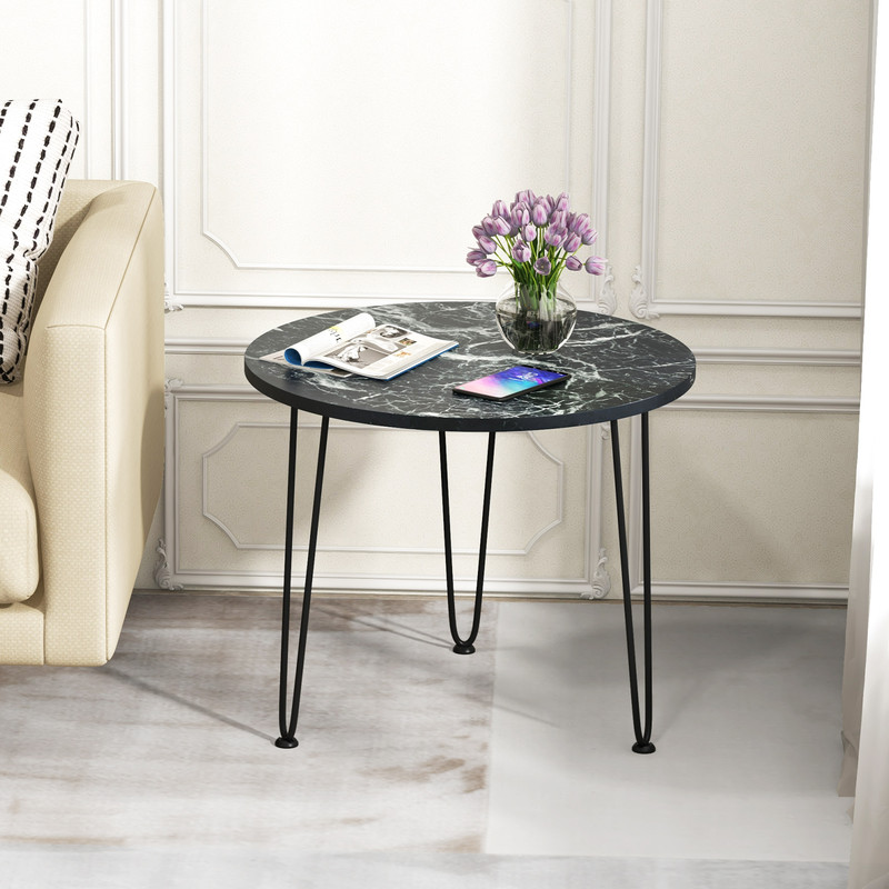 Modern Round Coffee Table With Thickened Faux Marble Tabletop And Black Metal Tripod Legs Small Acc 1