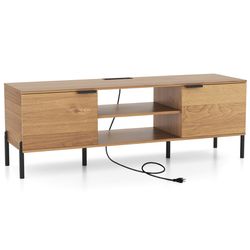 modern door tv stand with charging station, open storage & cable management, fits flat tvs, natural wood grain design