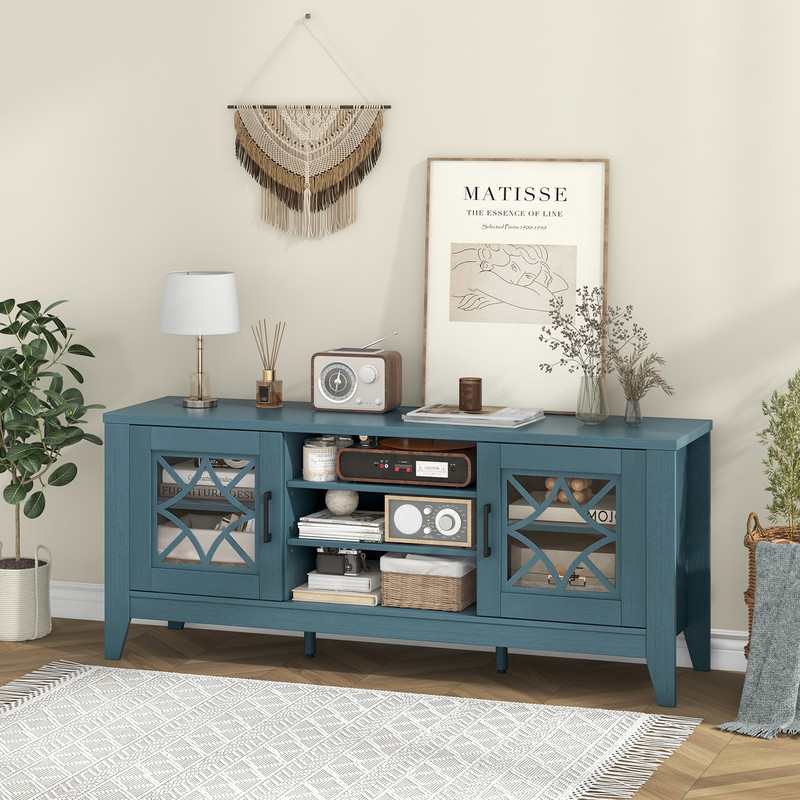 Farmhouse TV Stand With Adjustable Shelves Sturdy Teal Blue Entertainment Console 1