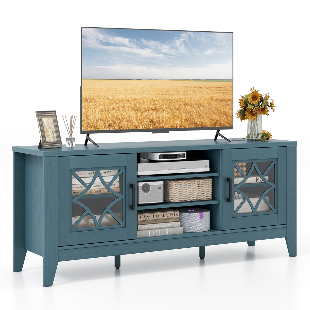 Farmhouse TV Stand With Adjustable Shelves Sturdy Teal Blue Entertainment Console 7
