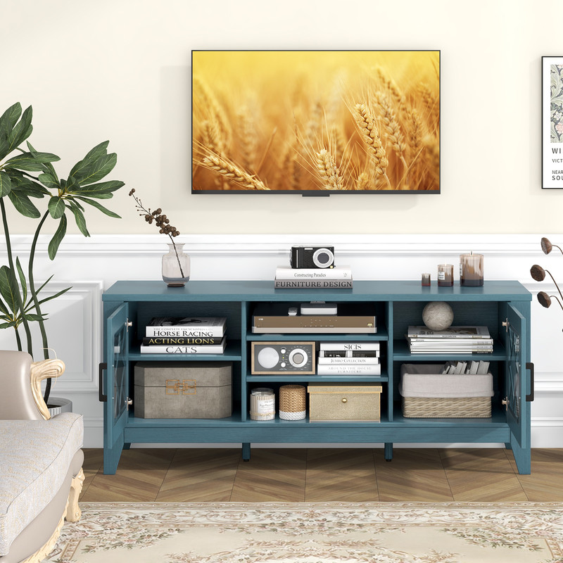 Farmhouse TV Stand With Adjustable Shelves Sturdy Teal Blue Entertainment Console 5