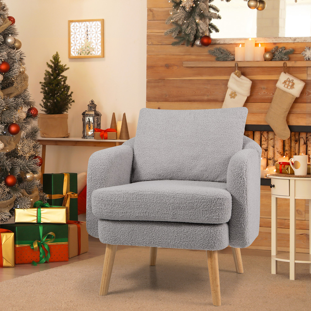 Sherpa Accent Chair Modern Living Room Chair with Seat Cushion, Upholstered Single Sofa Armchair with Pillow for Bedroom
