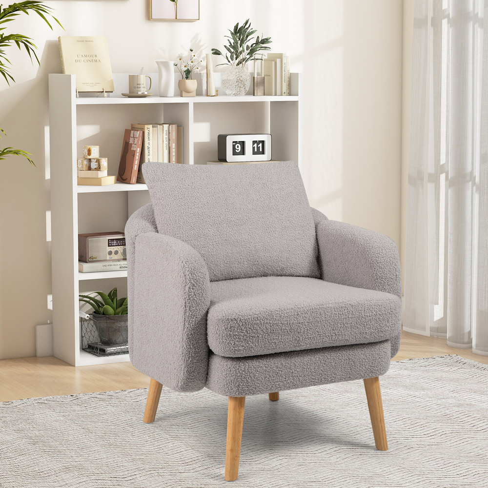 Sherpa Accent Chair Modern Living Room Chair with Seat Cushion, Upholstered Single Sofa Armchair with Pillow for Bedroom