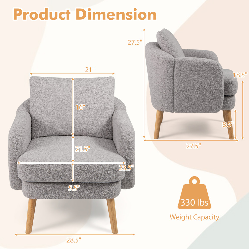 Sherpa Accent Chair Modern Living Room Chair with Seat Cushion, Upholstered Single Sofa Armchair with Pillow for Bedroom