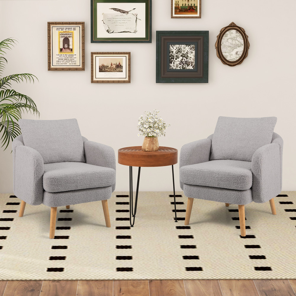 Sherpa Accent Chair Modern Living Room Chair with Seat Cushion, Upholstered Single Sofa Armchair with Pillow for Bedroom