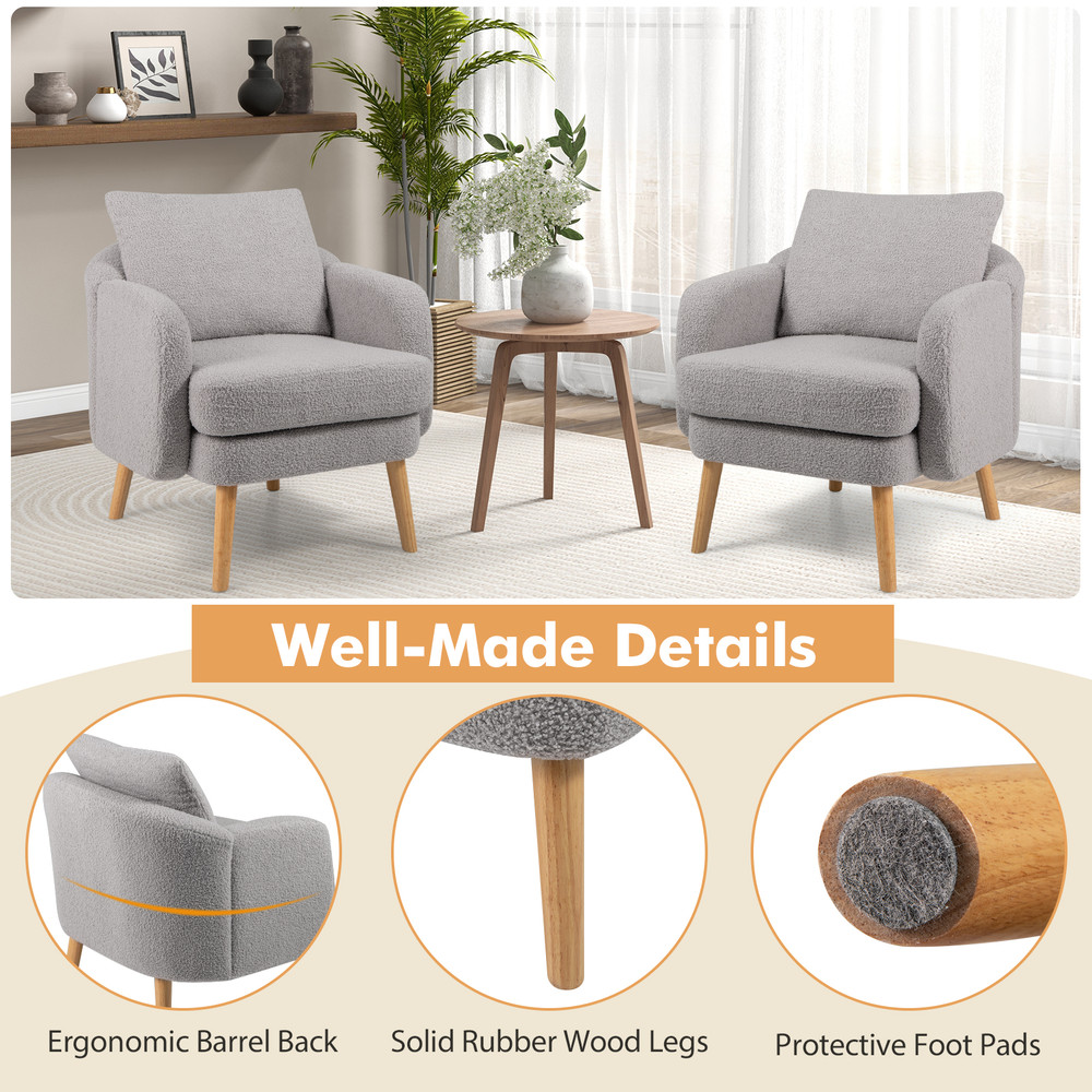 Sherpa Accent Chair Modern Living Room Chair with Seat Cushion, Upholstered Single Sofa Armchair with Pillow for Bedroom