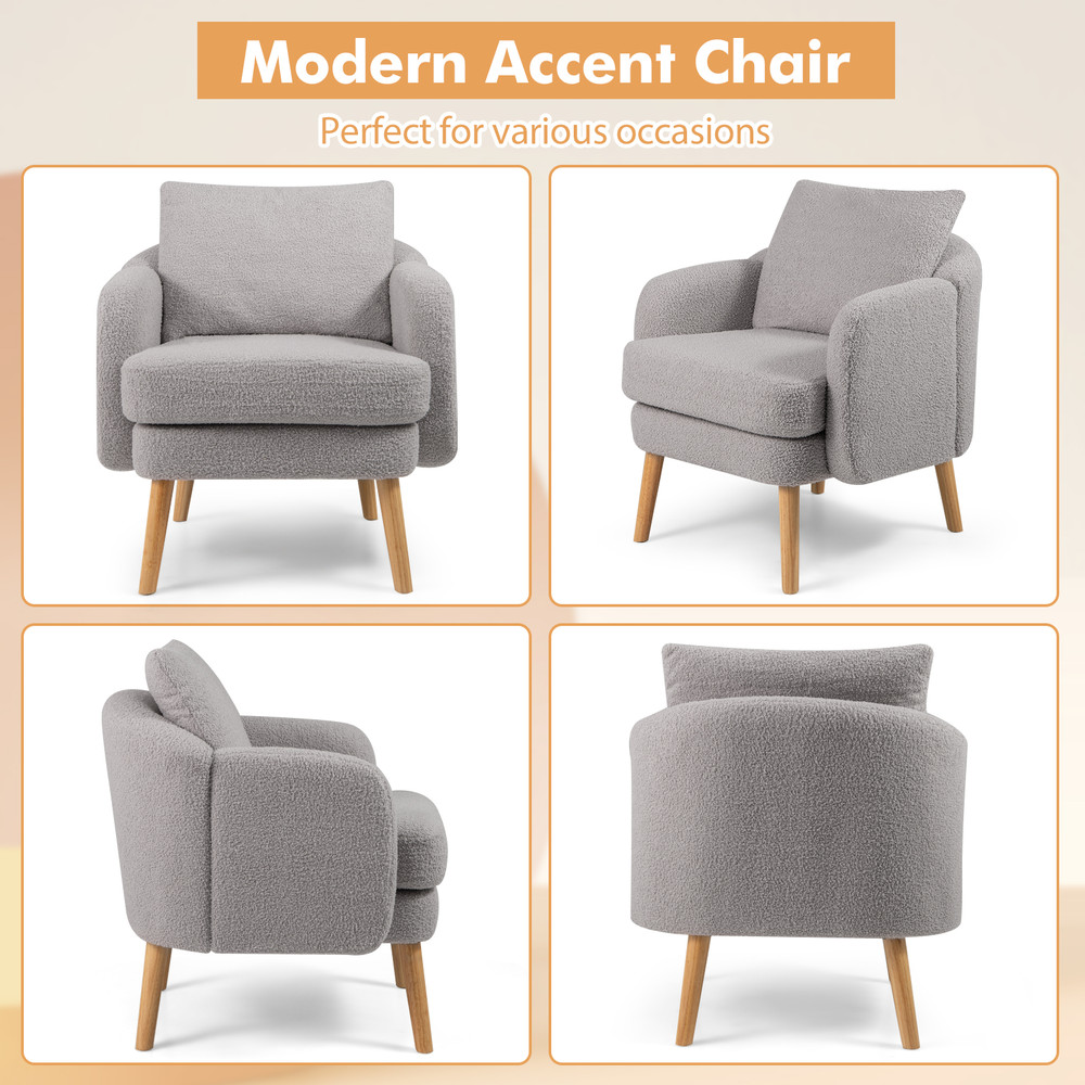 Sherpa Accent Chair Modern Living Room Chair with Seat Cushion, Upholstered Single Sofa Armchair with Pillow for Bedroom
