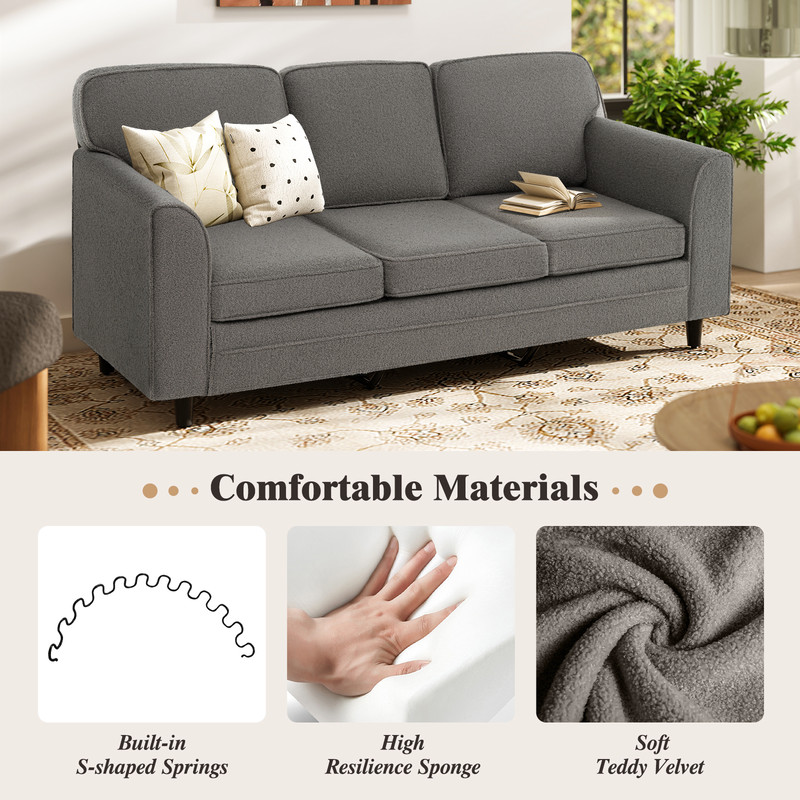 Luxury Teddy Velvet Upholstered 3-Seater Sofa with Back Pillows Cozy & Soft Modern Couch for Living Room, Office