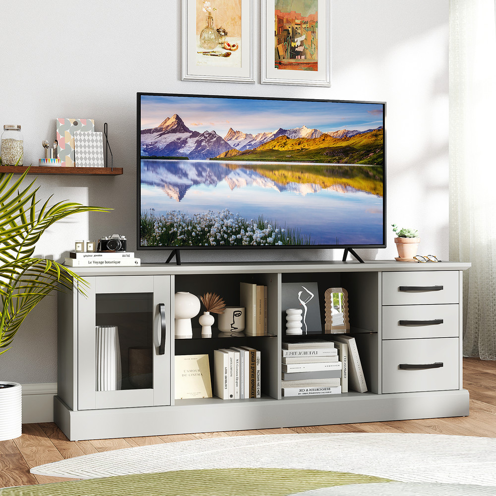 63 Inches Media Console Table with 3 Drawers and 2 Glass Shelves, Modern TV Stand for 73" TVs, Storage Cabinet for Room
