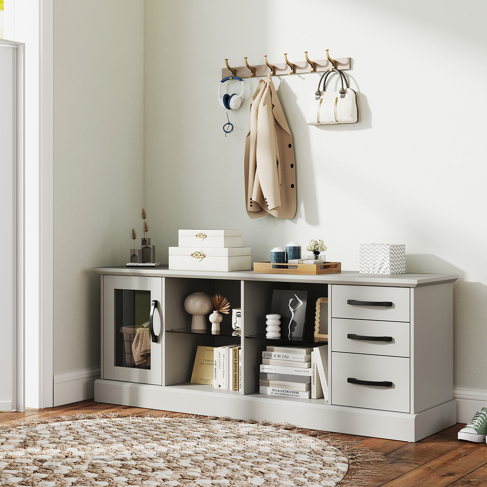63 Inches Media Console Table with 3 Drawers and 2 Glass Shelves, Modern TV Stand for 73" TVs, Storage Cabinet for Room