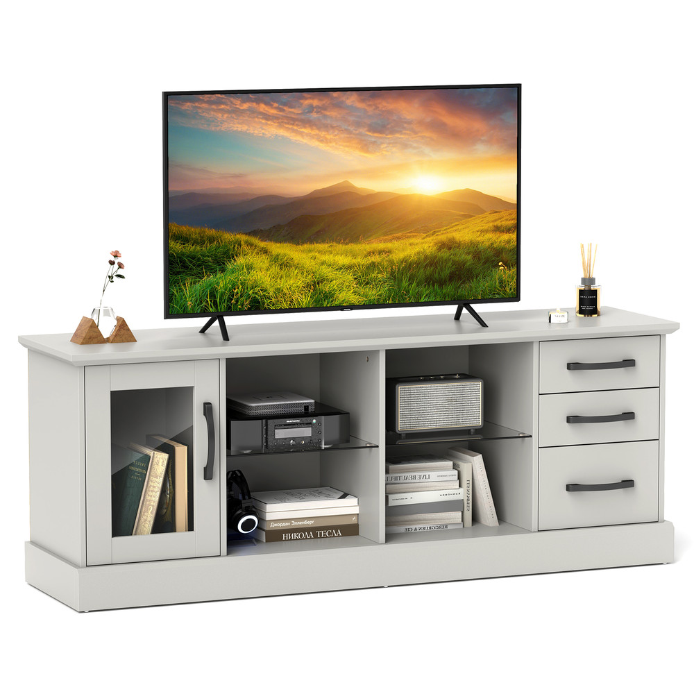 63 Inches Media Console Table with 3 Drawers and 2 Glass Shelves, Modern TV Stand for 73" TVs, Storage Cabinet for Room