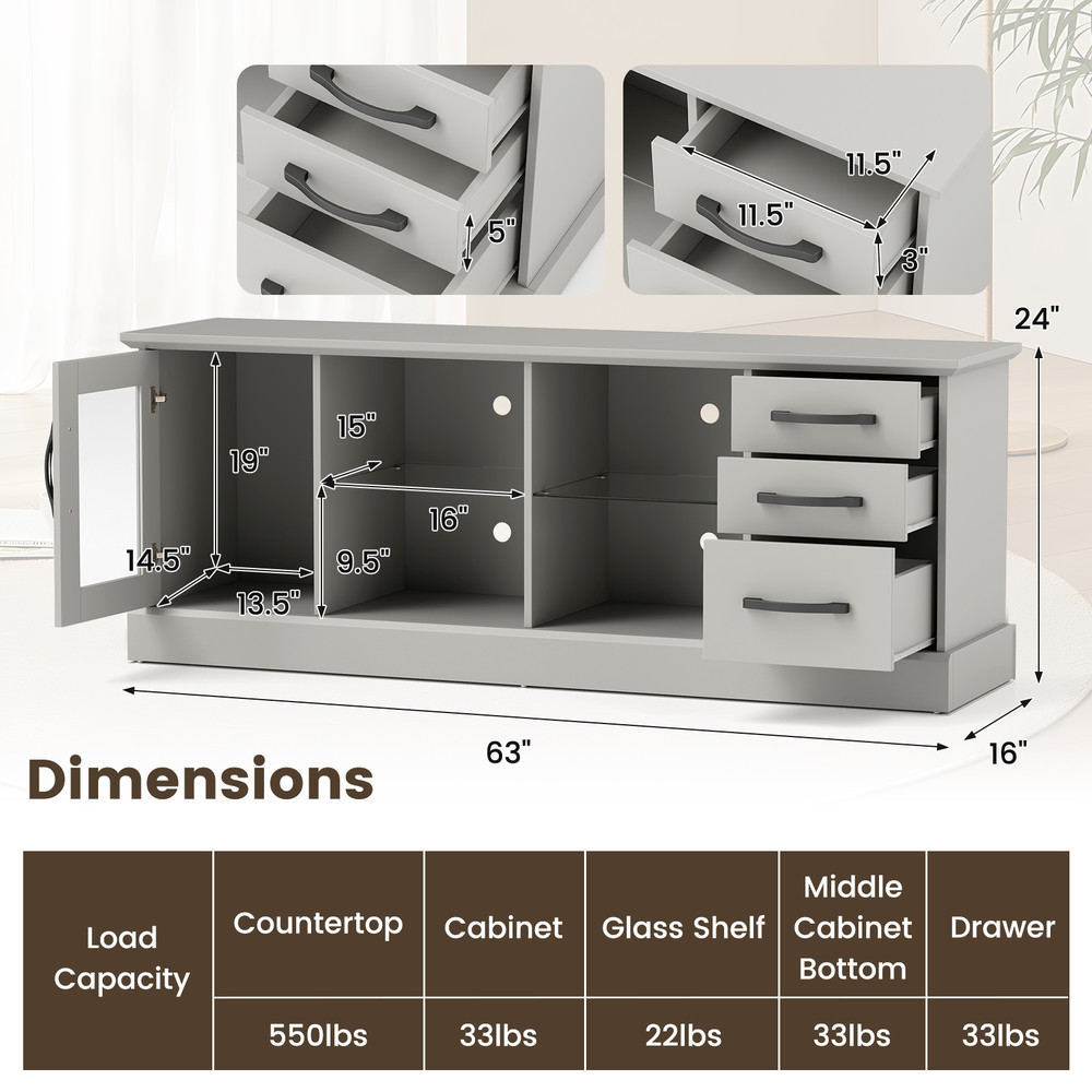 63 Inches Media Console Table with 3 Drawers and 2 Glass Shelves, Modern TV Stand for 73" TVs, Storage Cabinet for Room