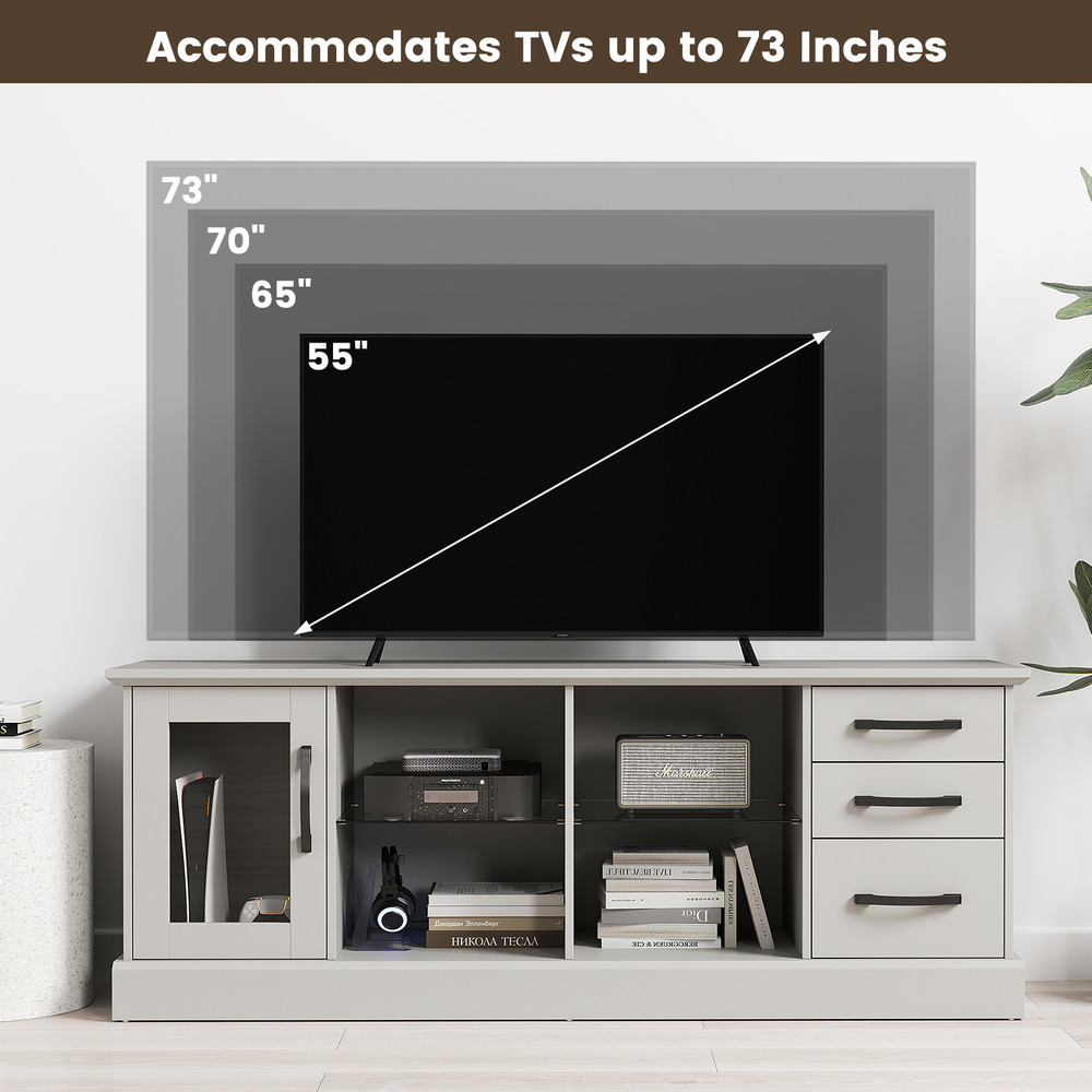 63 Inches Media Console Table with 3 Drawers and 2 Glass Shelves, Modern TV Stand for 73" TVs, Storage Cabinet for Room