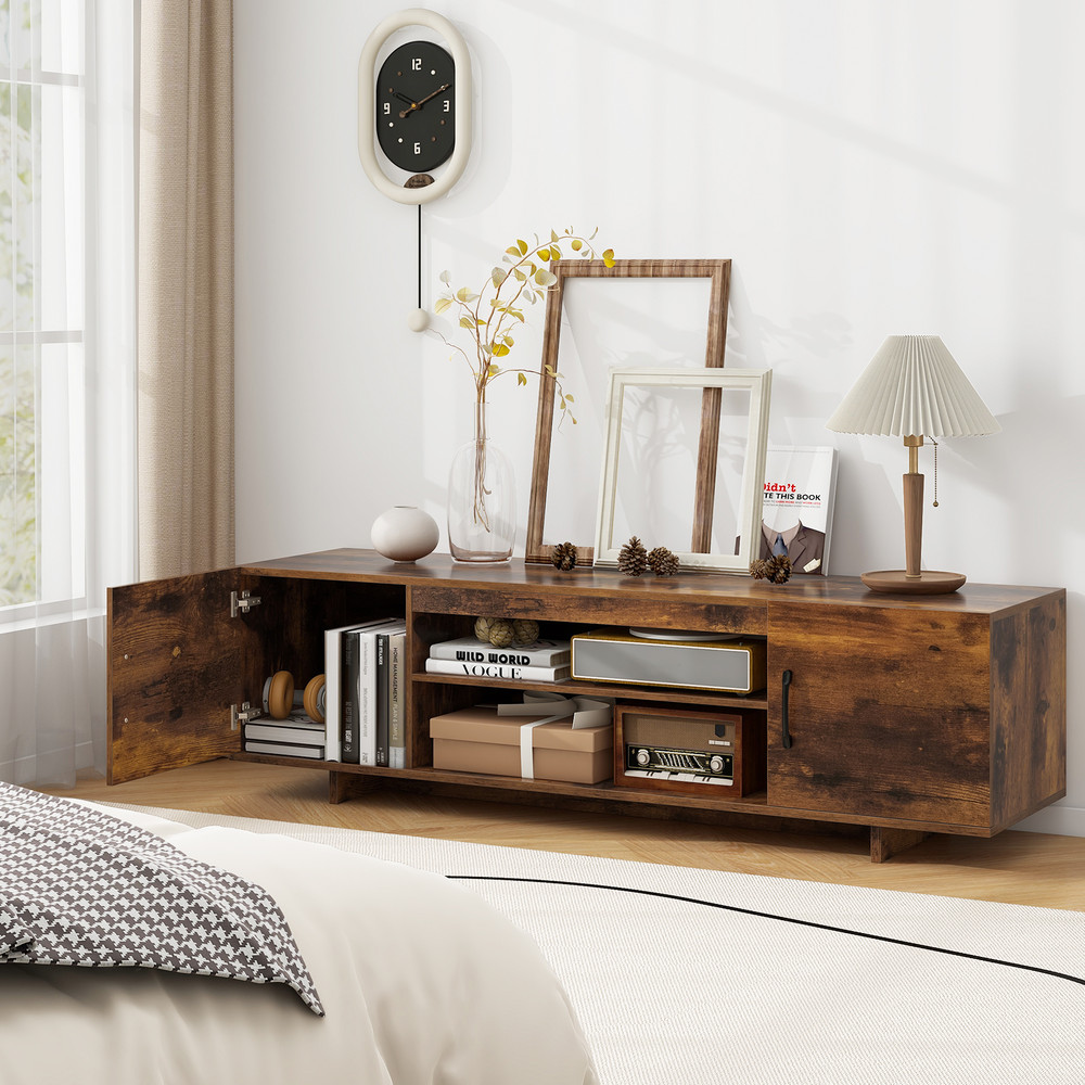 Modern TV Stand with Power Outlet & 2 Cable Holes for 65 Inch TVs, Entertainment Center with Storage Shelves & Cabinets
