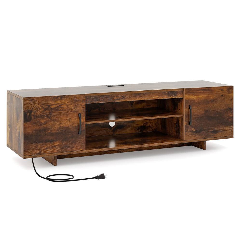 Modern TV Stand with Power Outlet & 2 Cable Holes for 65 Inch TVs, Entertainment Center with Storage Shelves & Cabinets