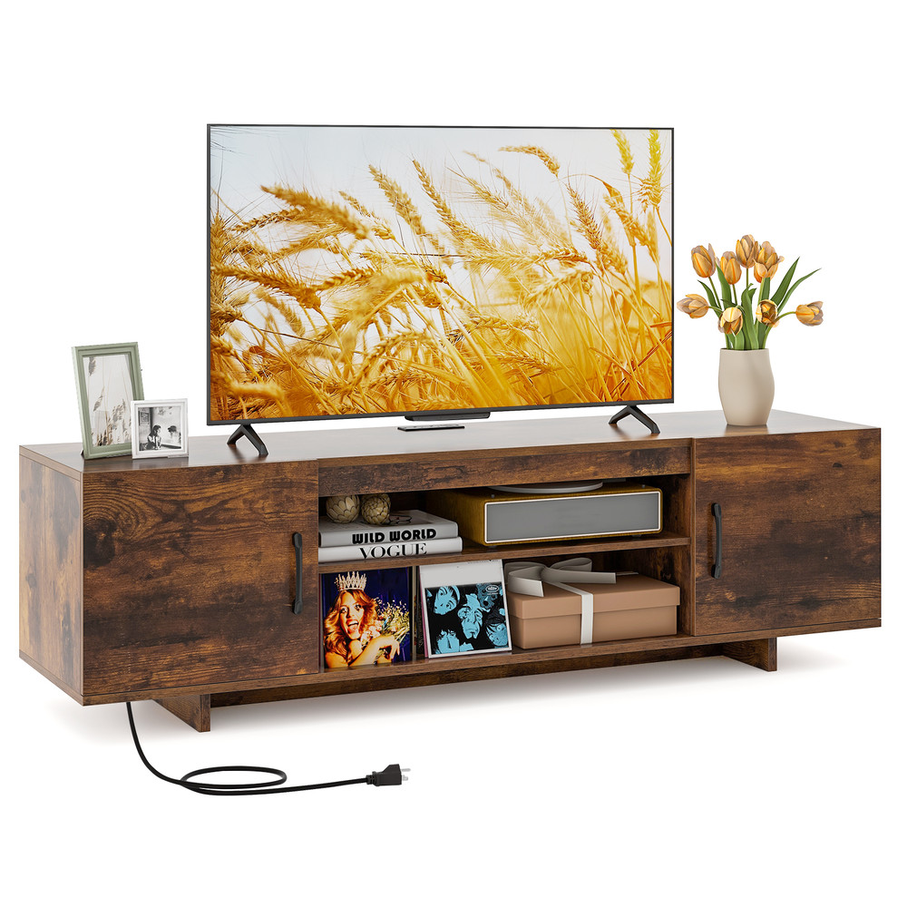 Modern TV Stand with Power Outlet & 2 Cable Holes for 65 Inch TVs, Entertainment Center with Storage Shelves & Cabinets