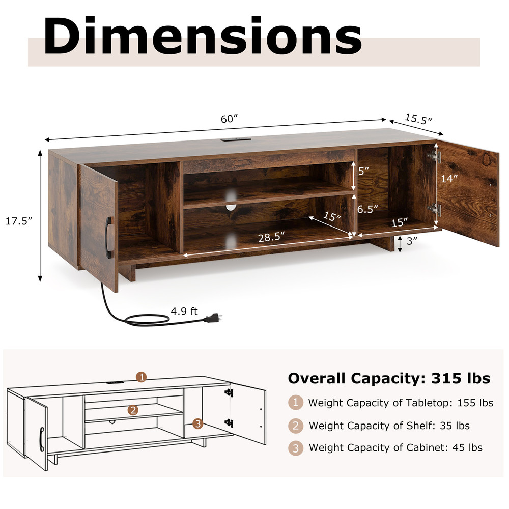 Modern TV Stand with Power Outlet & 2 Cable Holes for 65 Inch TVs, Entertainment Center with Storage Shelves & Cabinets