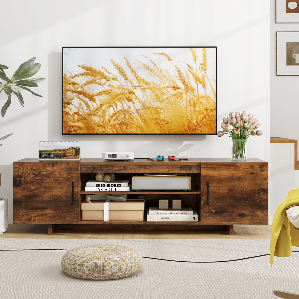 Modern TV Stand with Power Outlet & 2 Cable Holes for 65 Inch TVs, Entertainment Center with Storage Shelves & Cabinets