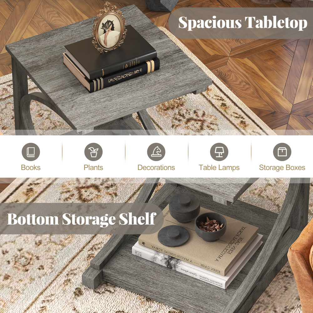 C-Shaped 24 Inch 2 Tier Square End Table Sofa Side Table with Storage Shelf for Living Room Bedroom Couch Bedside Use