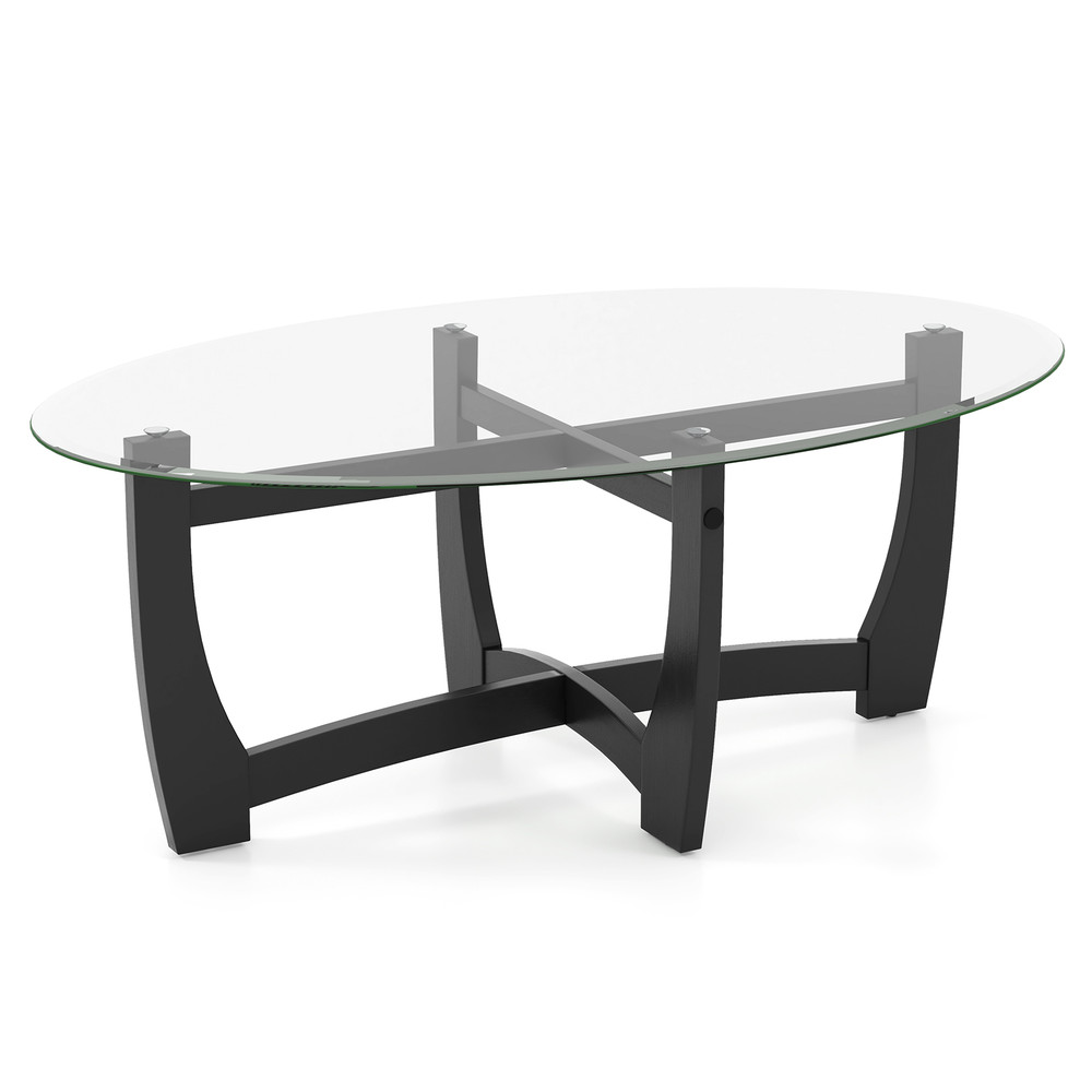 Stylish Oval Coffee Table with Tempered Glass Tabletop & Rubber Wood Legs