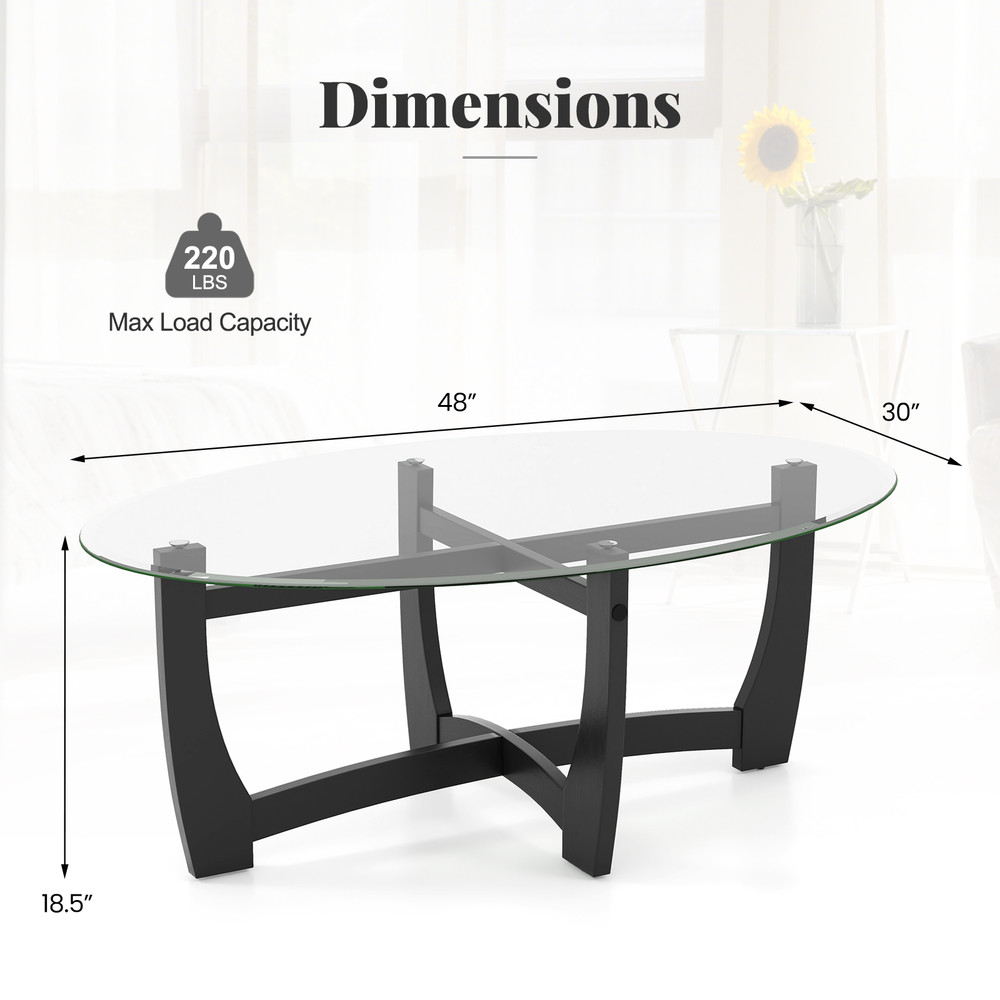 Stylish Oval Coffee Table with Tempered Glass Tabletop & Rubber Wood Legs
