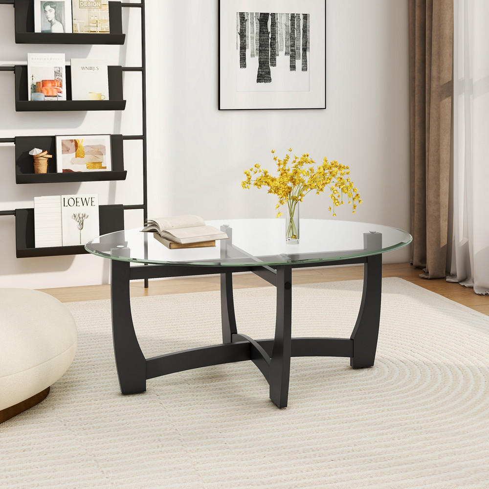 Stylish Oval Coffee Table with Tempered Glass Tabletop & Rubber Wood Legs