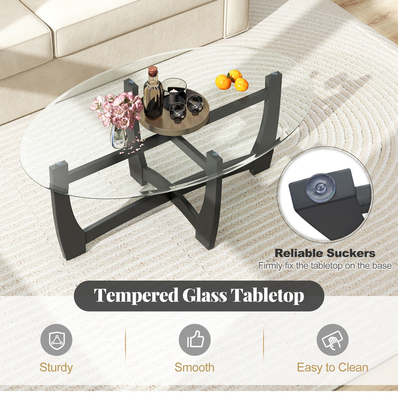 Stylish Oval Coffee Table with Tempered Glass Tabletop & Rubber Wood Legs