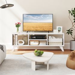 modern media tv console table with raised support legs, 55 inch entertainment center with open storage for living room