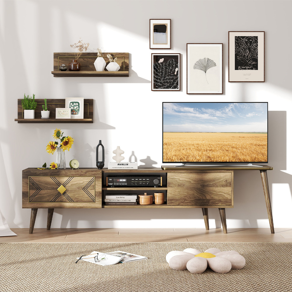 Modern Walnut TV Stand for 85 Inch TV, Mid-Century Media Console with Storage Cabinets & Floating Wall-Mounted Shelves